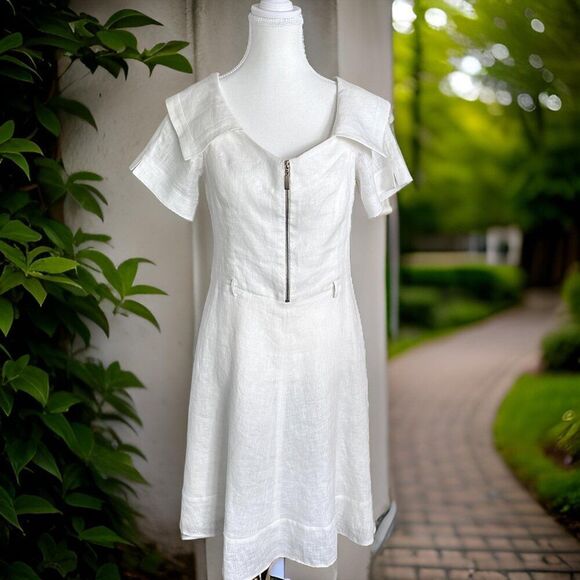 Mona Dresses & Skirts - White Zip-Front Linen A-Line Dress